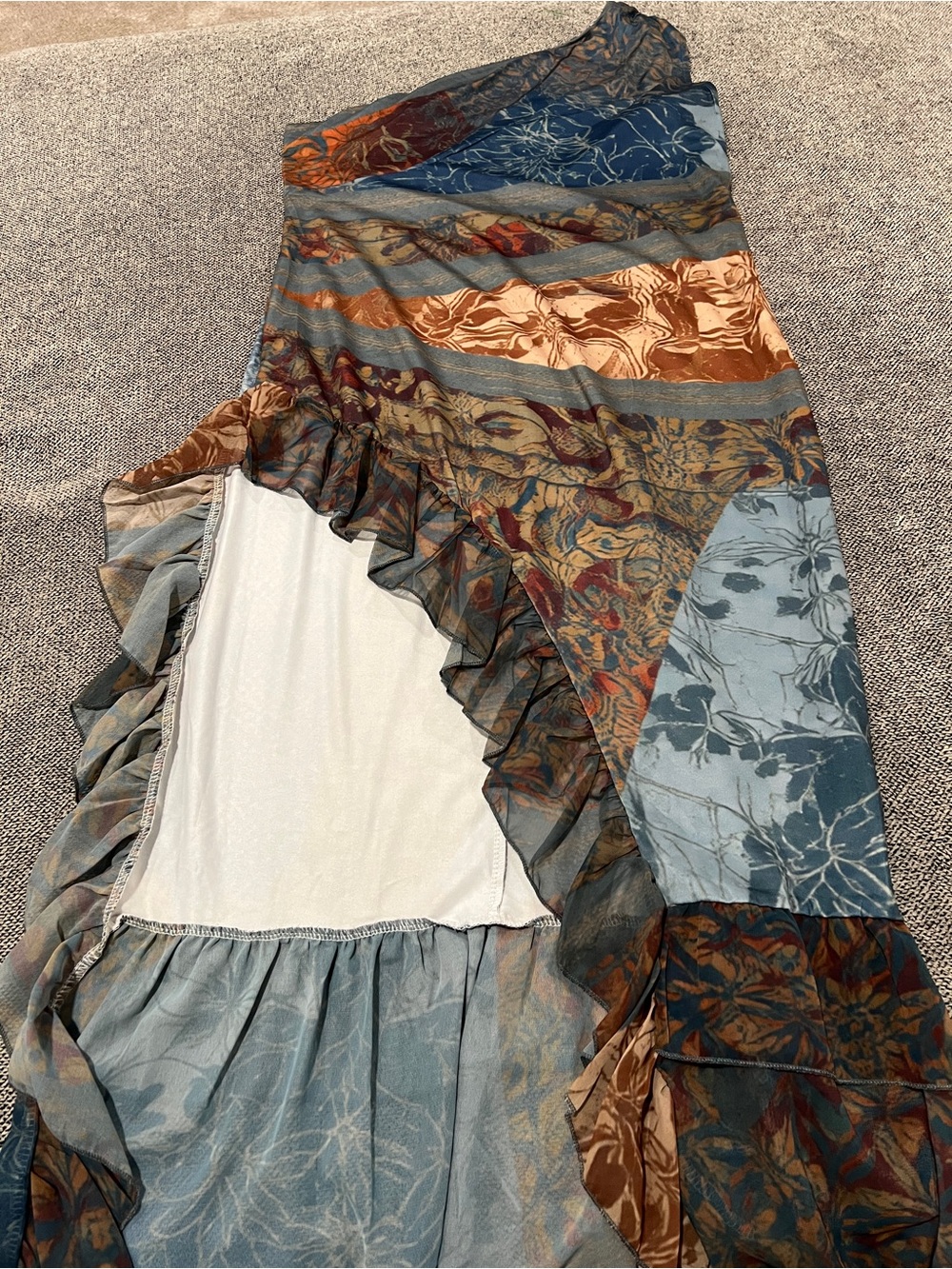 Bohemian Patchwork Ruffle One Shoulder Dress - Blue & Brown